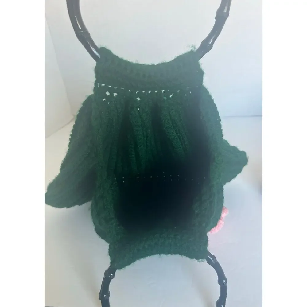 Handmade Knitted Forest Green Pink Flower Wooden Handle Tote Hobo‎ Handbag Purse